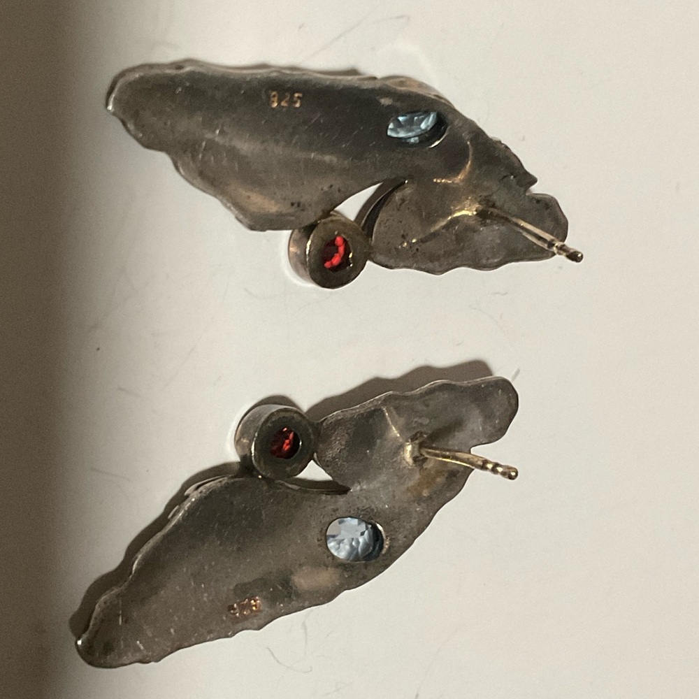 VINTAGE STERLING Silver 925 and Gold Leaf Earrings with Red GARNET, Blue TOPAZ - Picture 5 of 8